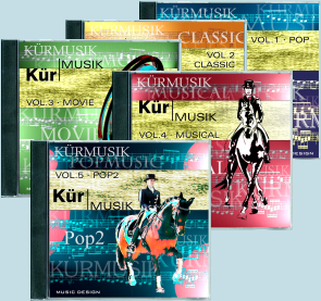 Kürmusik Vol.1 POP, Kürmusik Vol.2 CLASSIC, Kürmusik Vol.3 MOVIE, Kürmusik Vol.4 MUSICAL, Kürmusik Vol.5 POP2, CD-Reihe Kürmusik, Musik zum Reiten, dressage music, freestyle, kurmusic, freestyle music, MUSIC DESIGN